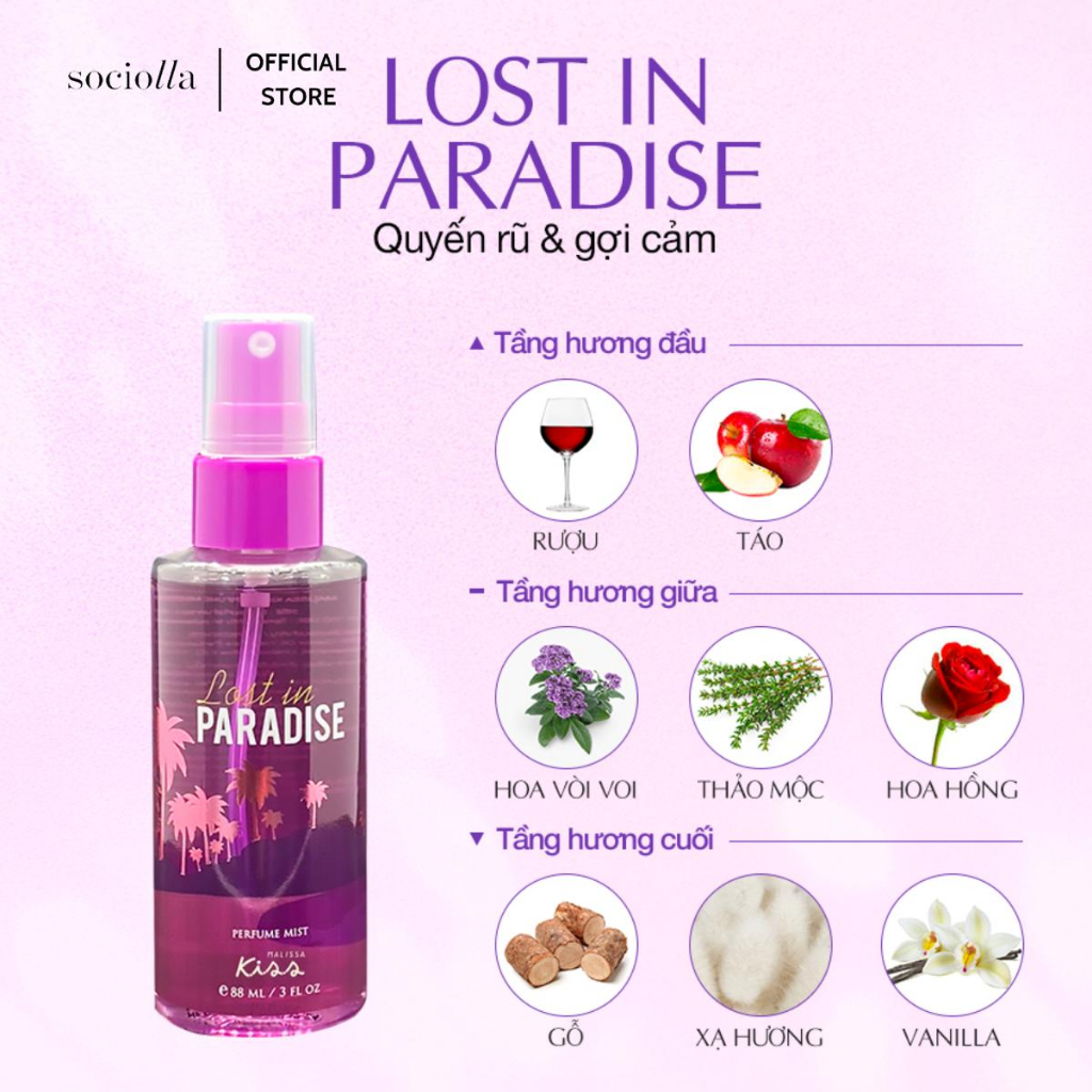 Xịt Thơm Hương Lost In Paradise Malissa Kiss Perfume Body Mist 88 ml