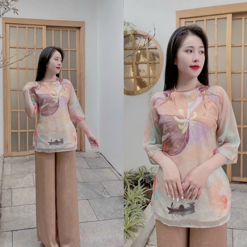 Bộ Lam Đi Chùa Nữ Trúc My < 58kg, áo voan ánh kim 2 lớp đính nơ, quần lụa cao cấp dài 95cm