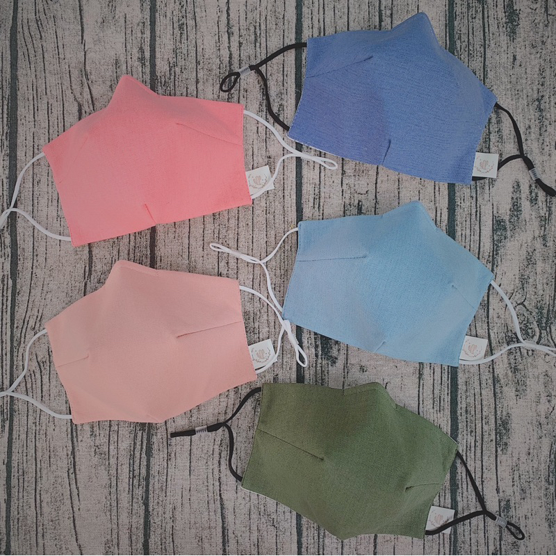 Khẩu trang form 3D vải linen chống dính son, lót xô muslin hoạ tiết, tone xanh hồng tím