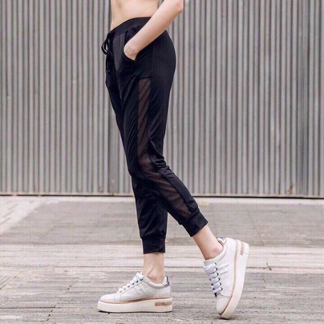 Quần jogger nữ thể thao phối lưới bên sườn có dây rút chất thun 4 chiều cho bạn gái tập gym yoga erobic..easy.store8595
