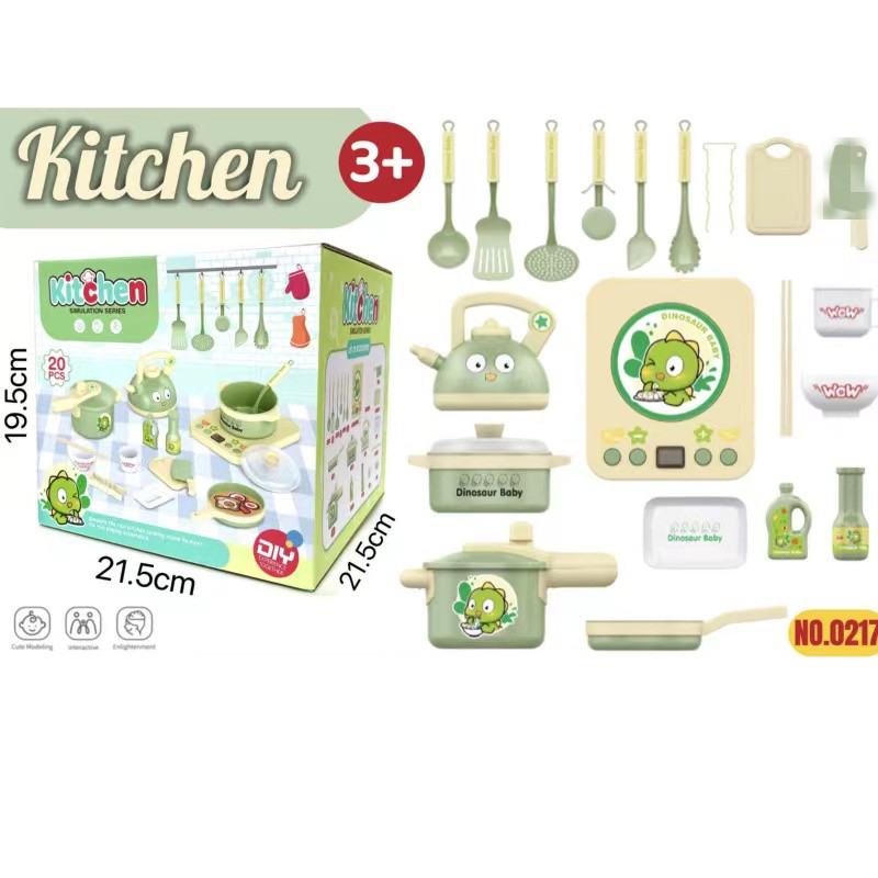 Bộ đồ chơi bếp nấu ăn khủng long xanh 20 chi tiết bếp