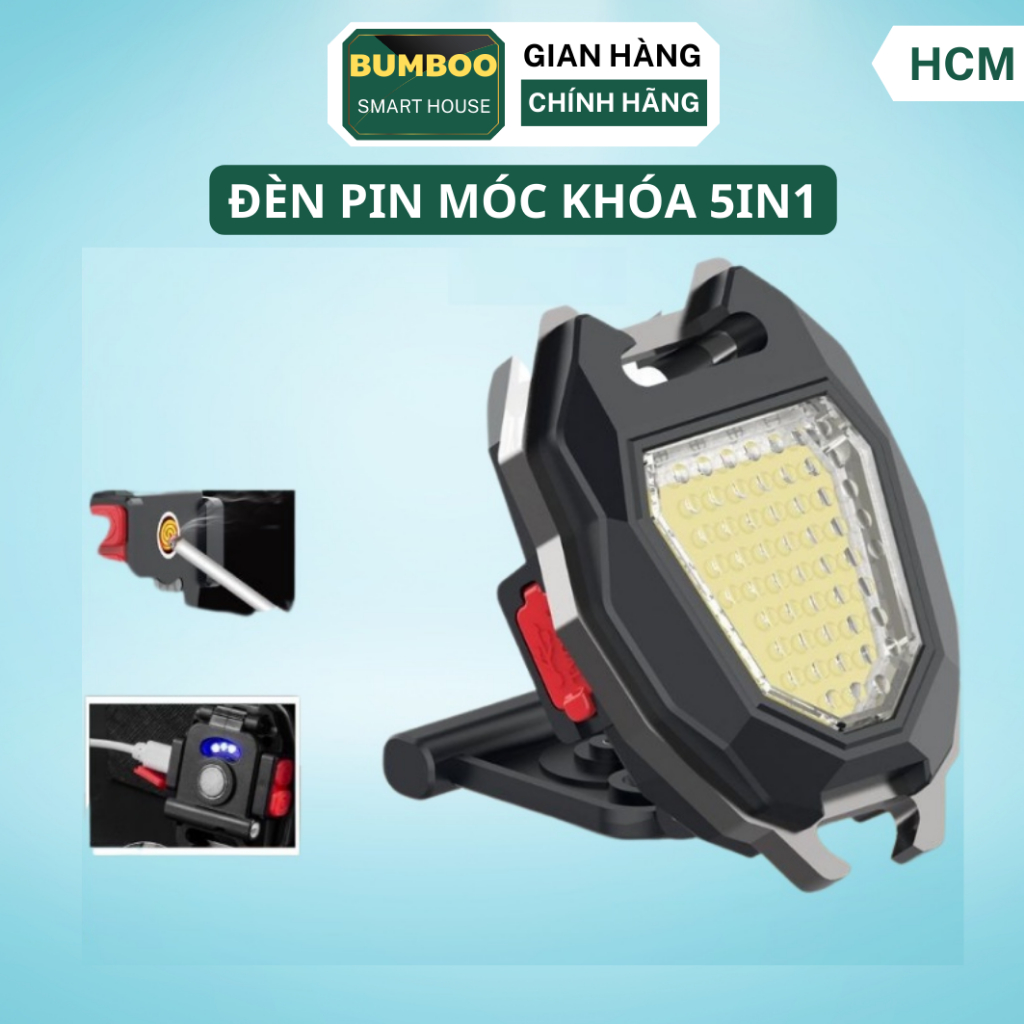 Đèn pin mini 5 chế độ , đèn led COB siêu sáng 5in1 kiêm móc khoá, mở lắp bia, sạc pin USB tiện dụng, bảo hành 12 tháng