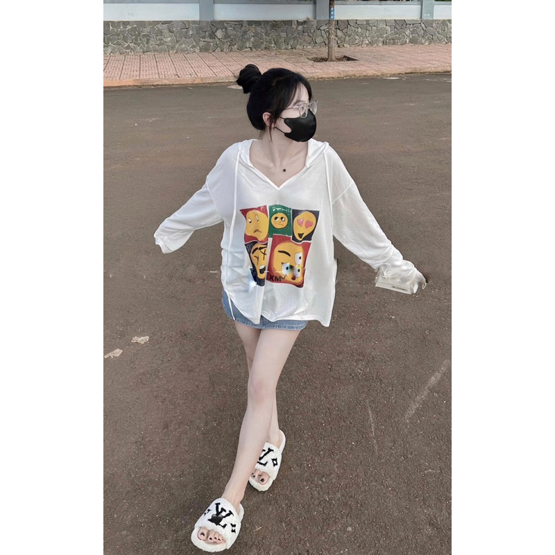 Áo Thun Giấy Mũ Dài Tay In Hình 2 Mặt Dáng Rộng Oversize Mùa Thu Đông