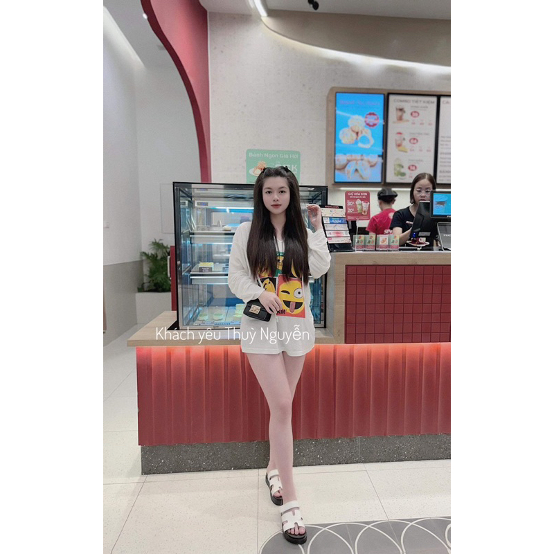 Áo Thun Giấy Mũ Dài Tay In Hình 2 Mặt Dáng Rộng Oversize Mùa Thu Đông