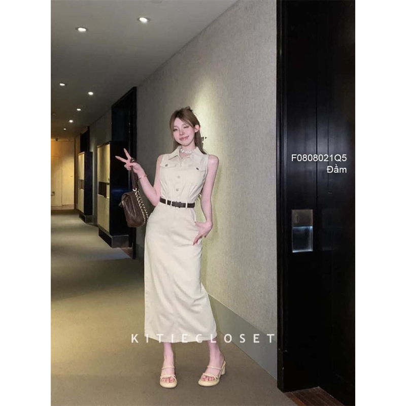 Đầm body jean dáng dài cổ bẻ ngực đắp túi nắp xẻ tà sau sát nách! 200k