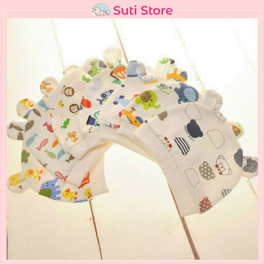 Mũ cotton sơ sinh màu trắng in hoạ tiết cho bé
