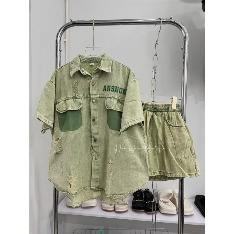 Set jeans xanh lá chữ chất bò mềm áo kèm quần short