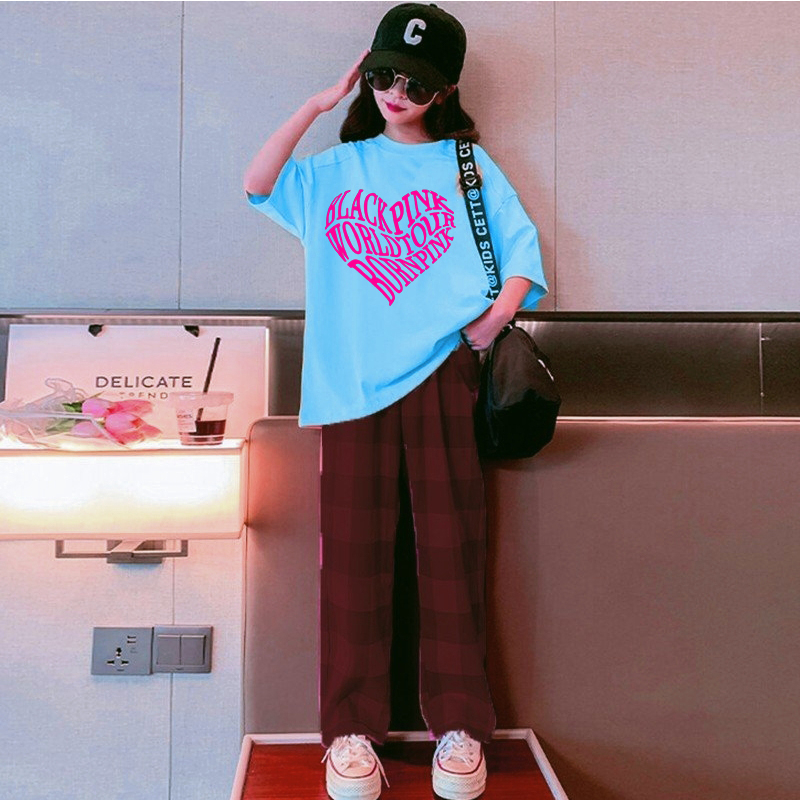SÉT BÉ GÁI QUẦN ỐNG RỘNG KARO bao gồm áo thun form rộng BLACKPINK  cotton 100% cao cấp hàng quảng châu xịn KIDS GENZ