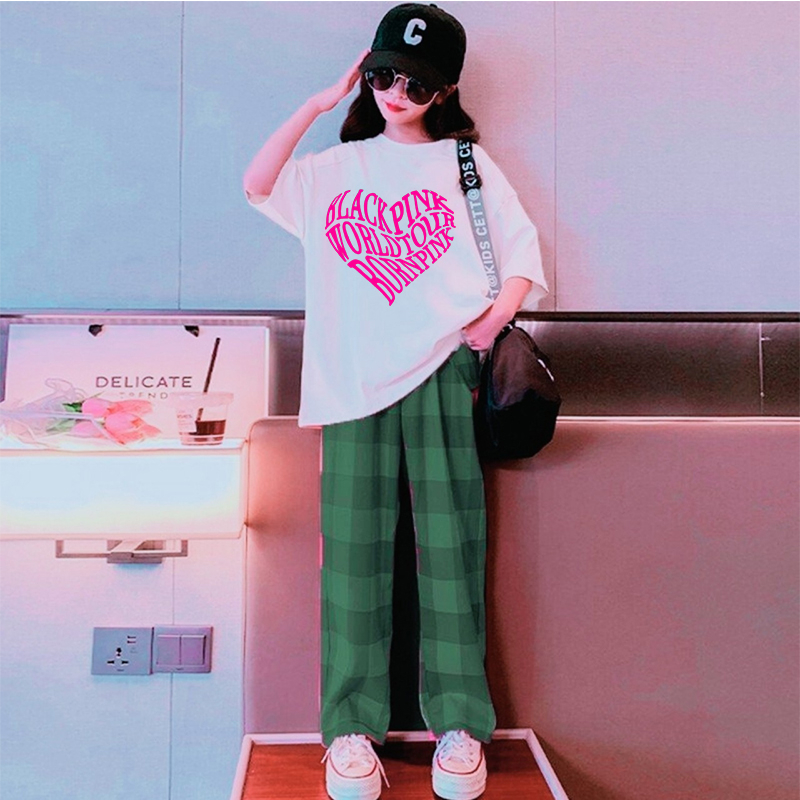 SÉT BÉ GÁI QUẦN ỐNG RỘNG KARO bao gồm áo thun form rộng BLACKPINK  cotton 100% cao cấp hàng quảng châu xịn KIDS GENZ