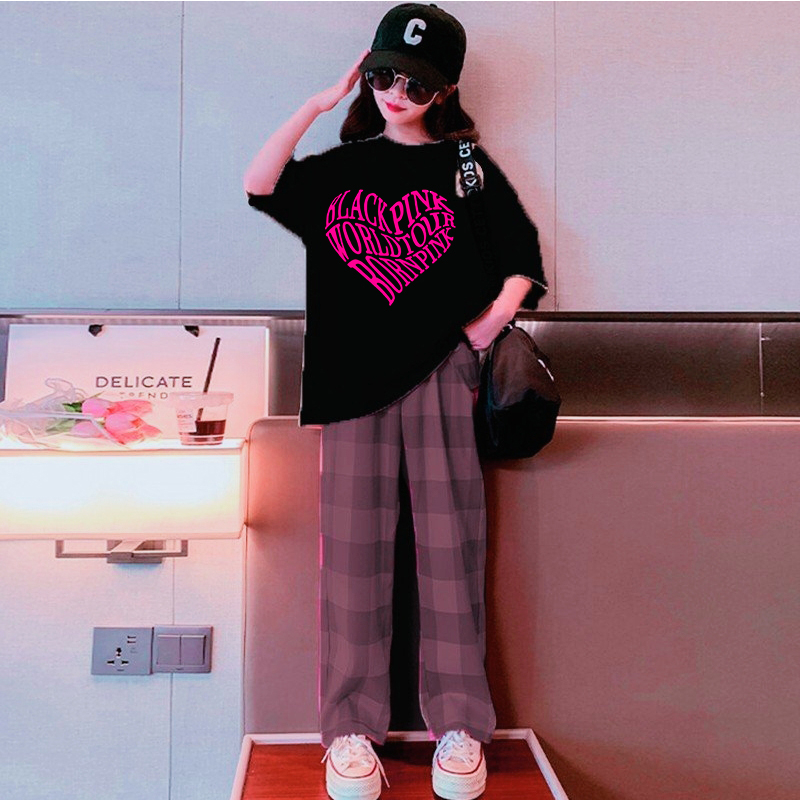 SÉT BÉ GÁI QUẦN ỐNG RỘNG KARO bao gồm áo thun form rộng BLACKPINK  cotton 100% cao cấp hàng quảng châu xịn KIDS GENZ