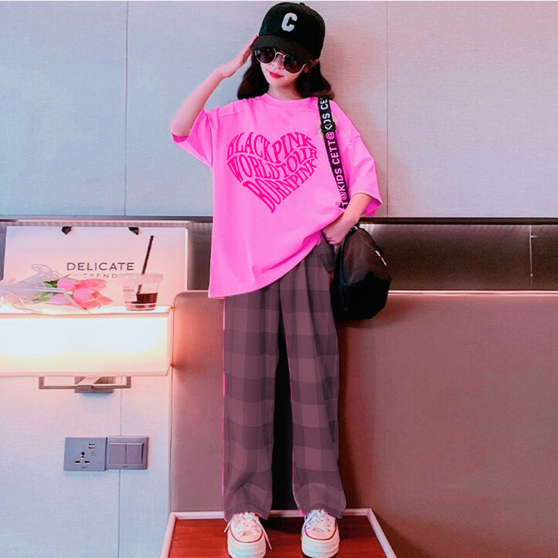 SÉT BÉ GÁI QUẦN ỐNG RỘNG KARO bao gồm áo thun form rộng BLACKPINK  cotton 100% cao cấp hàng quảng châu xịn KIDS GENZ