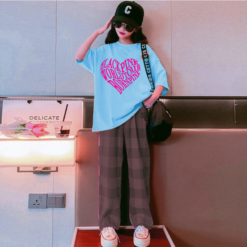 SÉT BÉ GÁI QUẦN ỐNG RỘNG KARO bao gồm áo thun form rộng BLACKPINK  cotton 100% cao cấp hàng quảng châu xịn KIDS GENZ