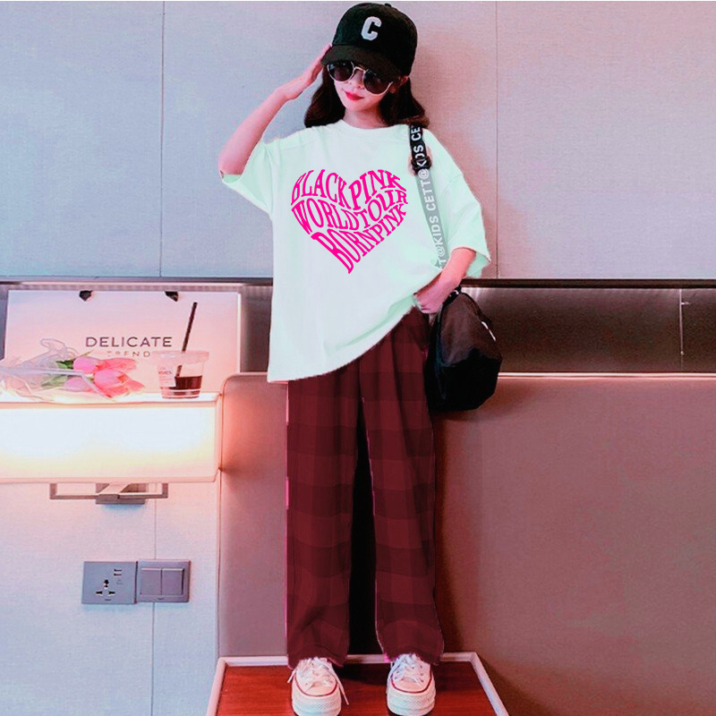 SÉT BÉ GÁI QUẦN ỐNG RỘNG KARO bao gồm áo thun form rộng BLACKPINK  cotton 100% cao cấp hàng quảng châu xịn KIDS GENZ