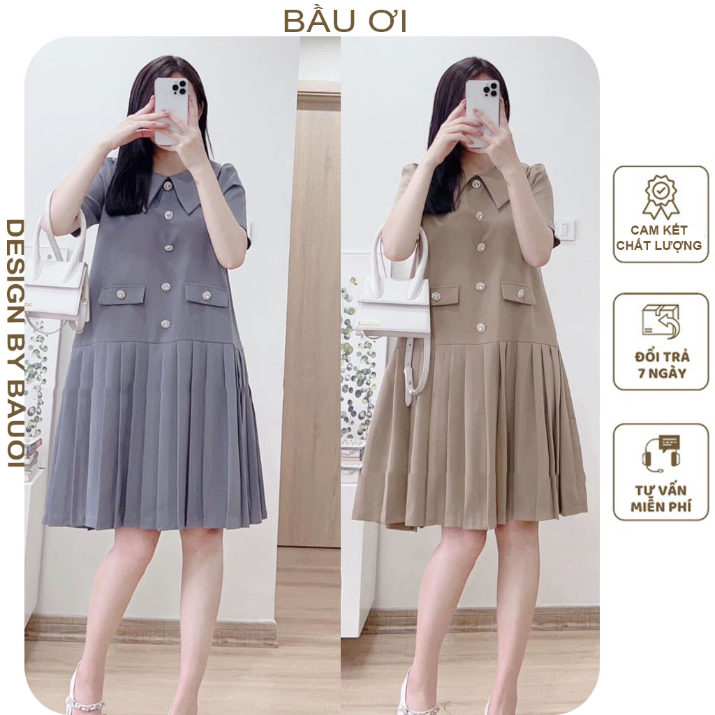 ĐẦM VÁY BẦU CÔNG SỞ DÁNG VEST ĐUÔI CÁ XẾP LY CỔ SEN ĐIỆU ĐÀ - ĐẦM BẦU FREESIZE HÀNG THIẾT KẾ FORM DỄ MẶC