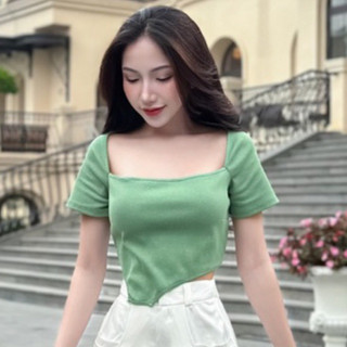  ONhouse Áo thun croptop tay ngắn cổ vuông vạt xéo hở lưng chất thun gân dày dặn