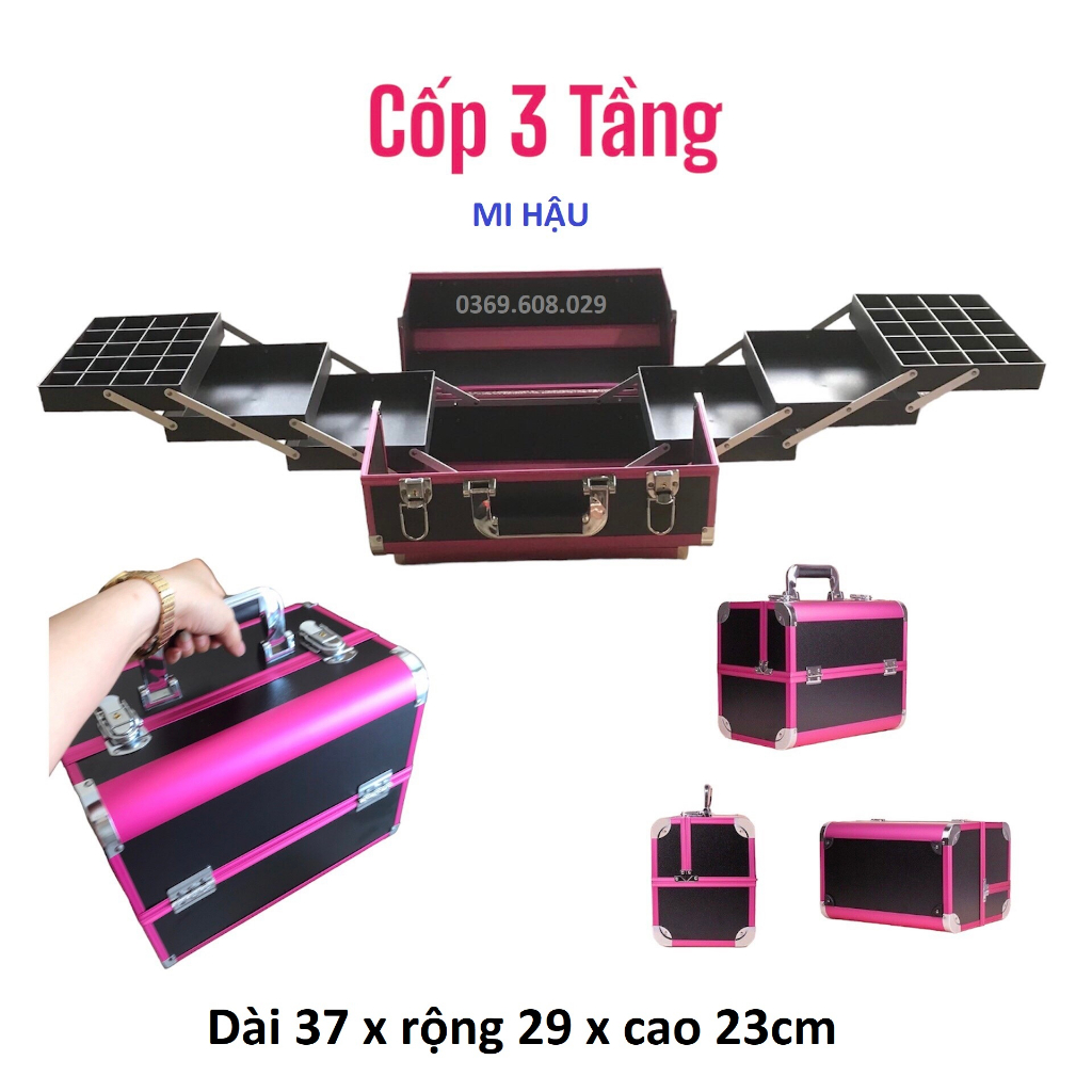Cốp 3 Tầng Đựng Đồ Nail,Mi, Phun Xăm, Trang Điểm,Cốp Nhôm 2 Khuy Size 37x29x23 Hộp Đựng Đồ Nghề Make Up,Tủ Nhôm Loại Lớn