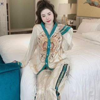 Bộ ngủ nữ lụa xước, kiểu dáng cổ V hoàng gia pijama mặc nhà , đồ ngủ nữ mềm mịn thoải mái