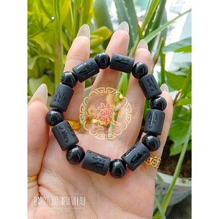 Chuỗi vòng tay ống trúc nhám khắc chú omani, đá obdisian đen size 10ly