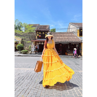(miễn phí chỉnh váy) đầm maxi hai dây form suông rộng cột dây eo váy xoè dài phối ren tầng đi biển du lịch chụp ảnh