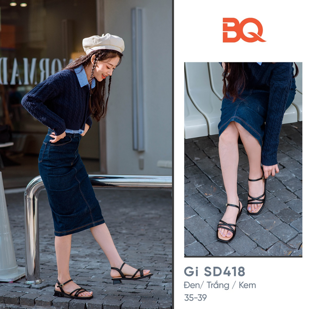 Giày sandal cao gót nữ quai dây mảnh đế vuông 3p BQ Gi SD418