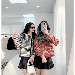 Áo khoác dạ ziczac đệm vai 2 màu dáng ngắn
