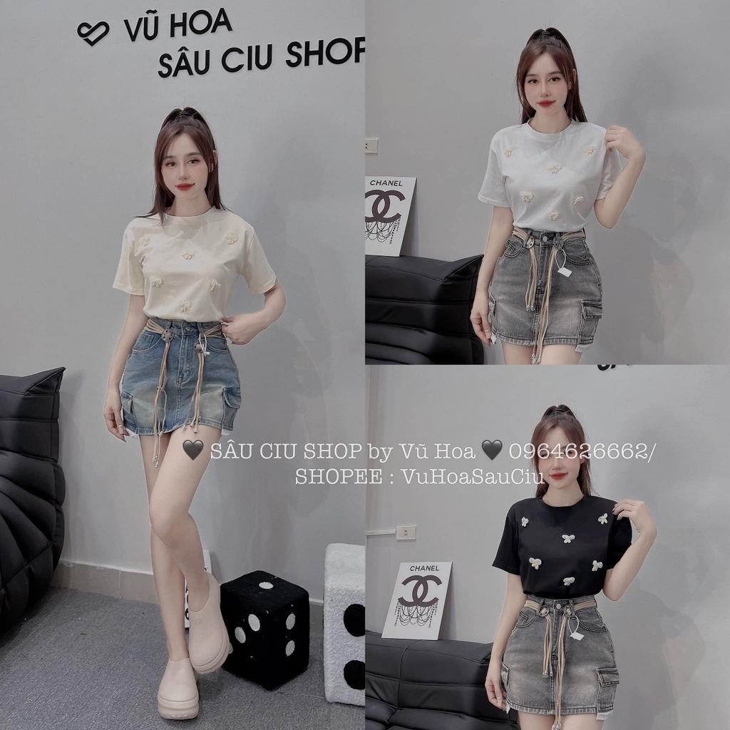 Áo phông đính nơ ngọc 3 màu dáng rộng xinh xinh qc(kèm ảnh thật và video)