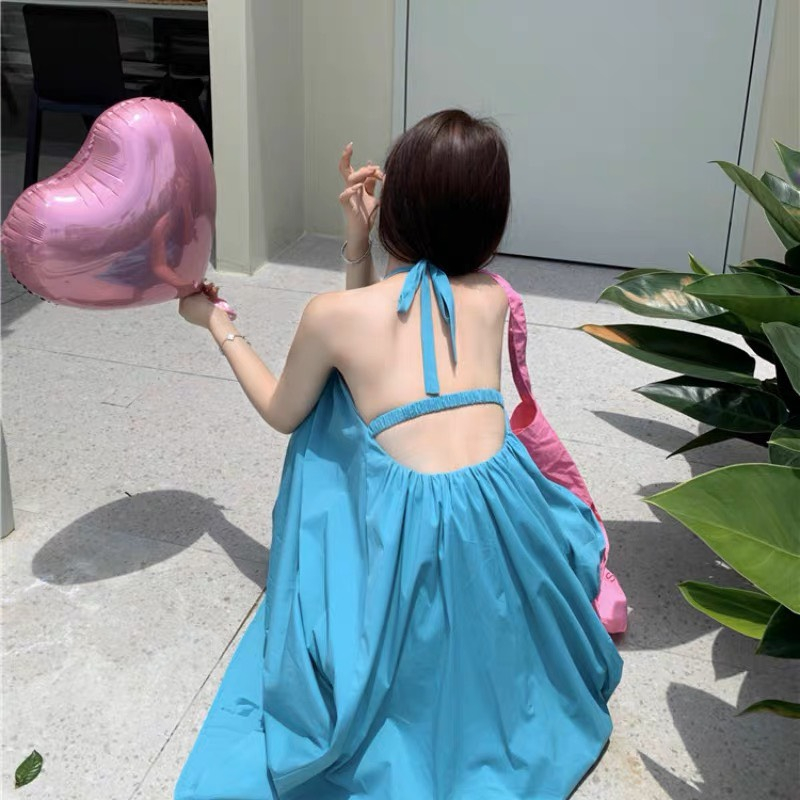 Đầm Maxi đi biển hở lưng cột dây 2 lớp (Ms 08)