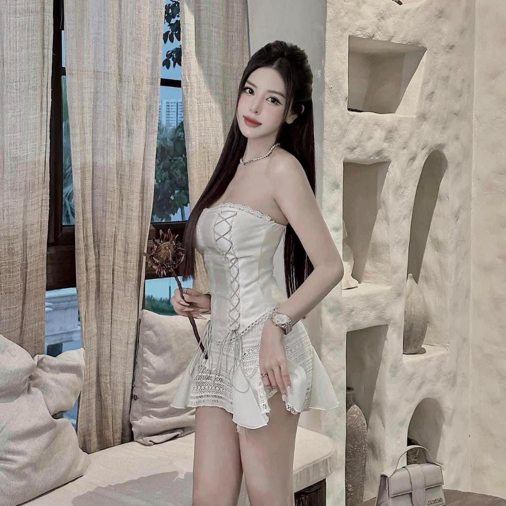 JUMPSUIT ĐẦM ỐNG CÚP NGỰC REN ĐAN DÂY XÒE REN CỘT NƠ | BigBuy360 - bigbuy360.vn