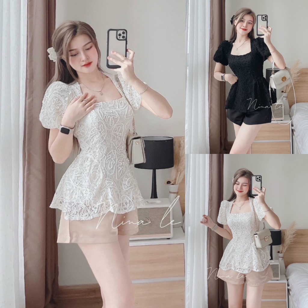 Sét Áo Ren 2 Lớp Cổ Vuông Tay Phồng Quần Tapta Sam Closet Phù Hợp Để Tới Công Sở, Đi Làm Hoặc Đi Chơi.