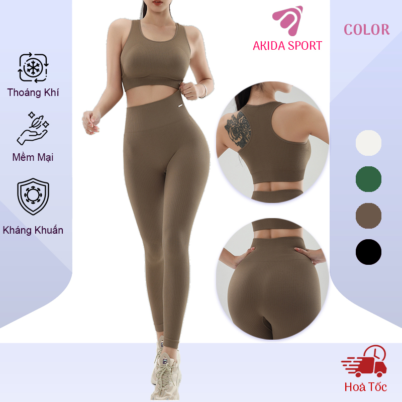 Bộ Đồ Tập Yoga GYM NAQI S-266 Dệt Kim Gân Tăm Sợi Tre Quần Cạp Cao Bra Có Đệm Lót Tôn Dáng