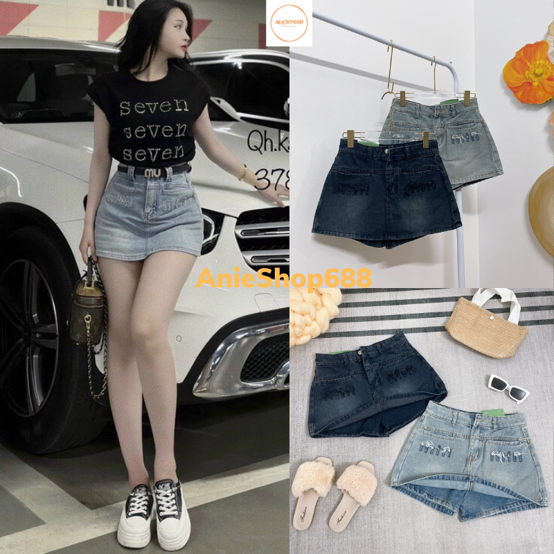 Quần giả váy chữ A, quần váy denim thời trang thêu chữ MIUMIU chất jean dầy dặn phong cách ULZZANG hàn quốc ANIESHOP688
