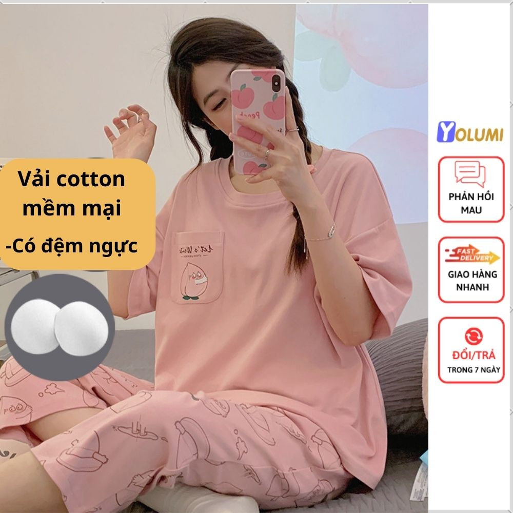 Bộ Mặc Nhà Nữ Đồ Bộ Lửng Cotton Áo Cộc Tay Có Đệm Ngực Tiện Lợi Thoáng Mát YOLUMI