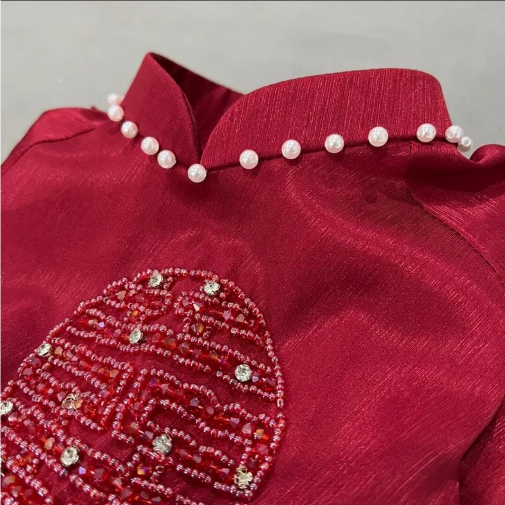 Aó dài cô dâu, áo dài chú rẻ lụa vân gỗ 2 tà cao cấp,đính đá hot trend 2023