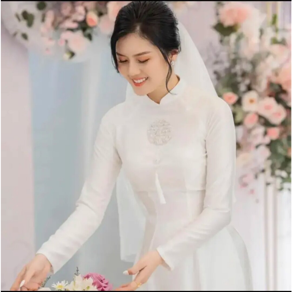 Aó dài cô dâu, áo dài chú rẻ lụa vân gỗ 2 tà cao cấp,đính đá hot trend 2023