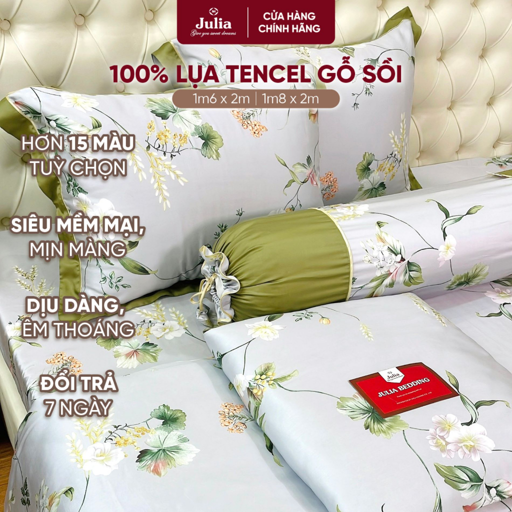Bộ Chăn Ga Gối Lụa Tencel JULIA Siêu Mềm Mịn Phối Họa Tiết Hoa Lá 901