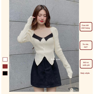 Áo len cổ vuông Saly dài tay phối cổ xẻ trước Aocovuongdaitay802_P0K22