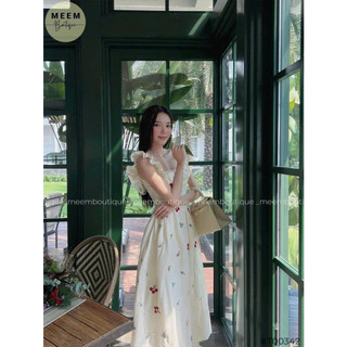 Đầm hoa bèo vai (có lót, có mút) chất lụa ý họa tiết hoa nhí thiết kế tay cánh tiên cổ vuông siêu bánh bèo