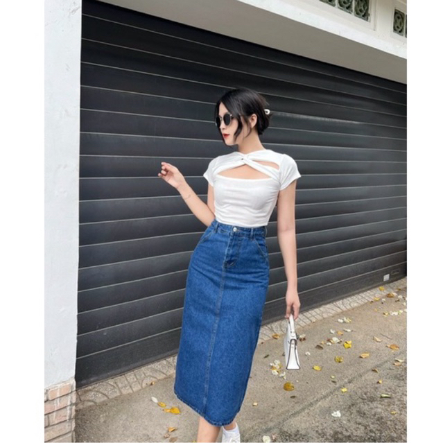 HOT CHÂN VÁY JEANS DÀI SUÔNG COTTON XẺ 1 Bên HÔNG -ẢNH THẬT