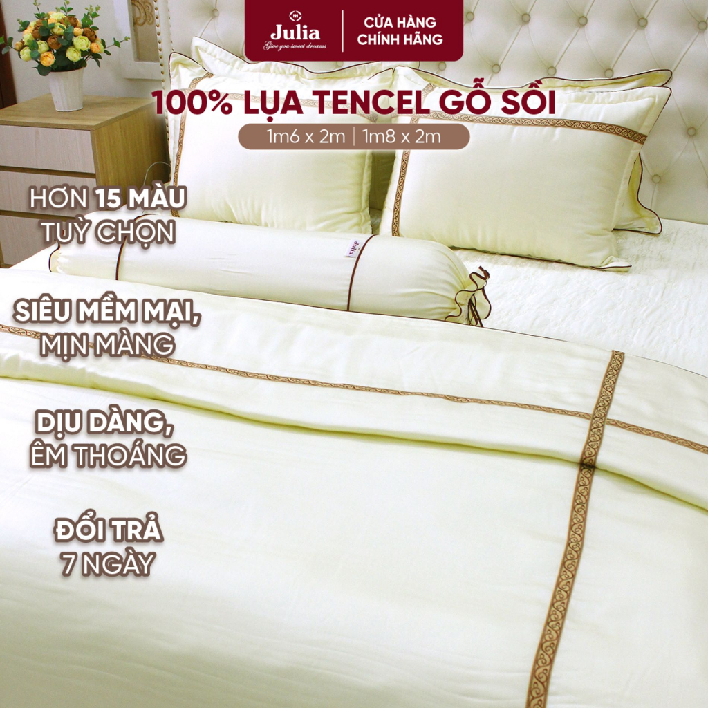Bộ chăn ga gối ra giường kem vàng lụa tencel siêu mềm mịn Hàn Quốc Julia 891