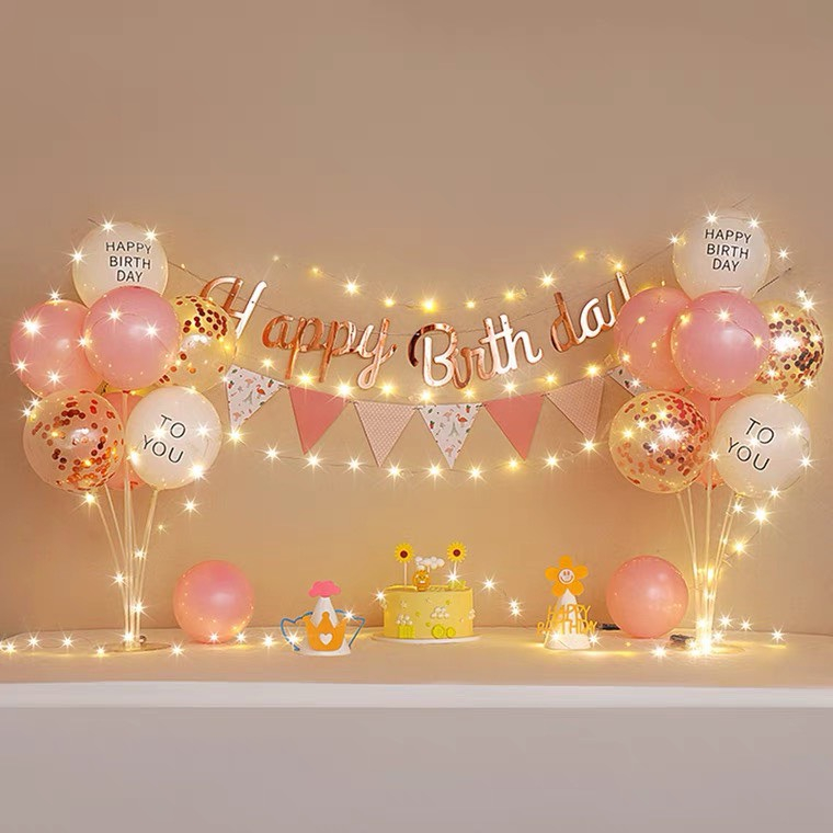 Set trang Trí Sinh Nhật Đơn Giản Giá Rẻ Kèm 2 Trụ Bóng 7 Nhánh Giả Bóng Bay Tặng Kèm Đèn Led Băng Dính Dán Bóng CB40
