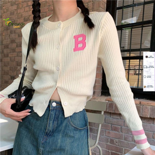 Áo Cardigan Dáng Ôm Dệt Kim Tay Dài Cổ Tròn Họa Tiết Thêu B Phối Sọc Ống Tay Siêu Cá Tính Hàng Qccc Orangecloset