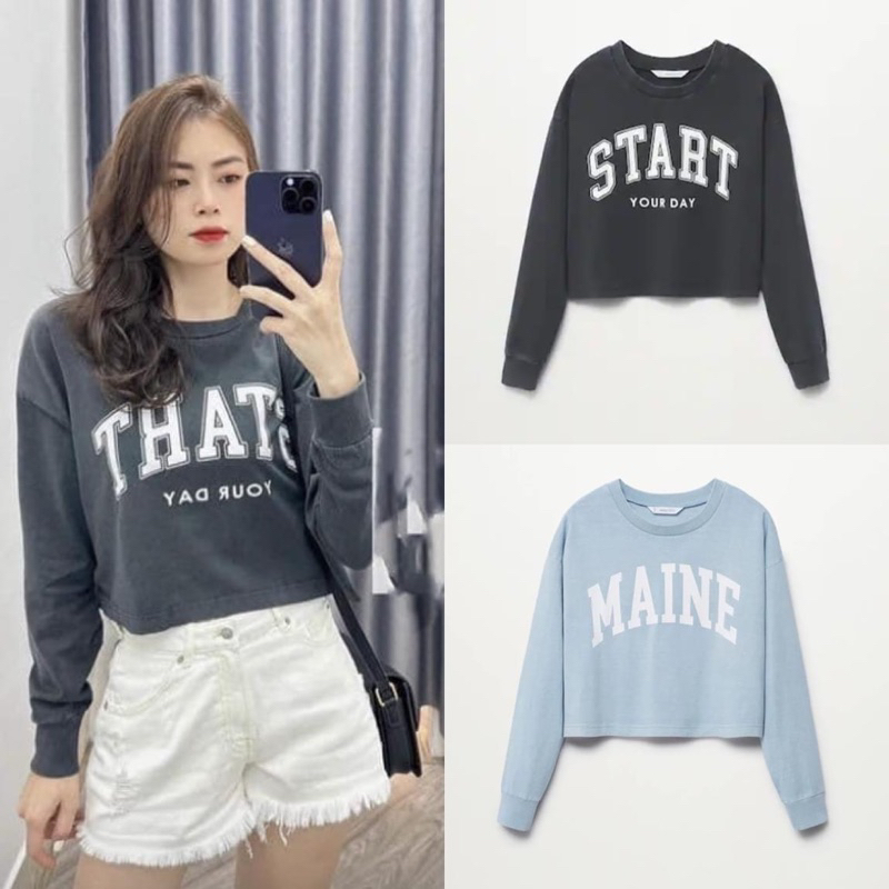 Áo thun croptop dài tay in chữ Mango auth new tag