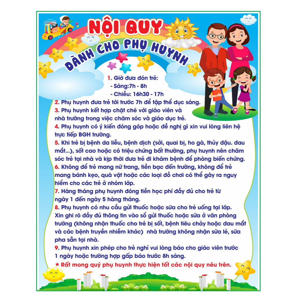 Nội quy dành cho phụ huynh, bảng biểu mầm non theo quy định chất liệu decal dán KT 80 x 100cm; 100x120cm