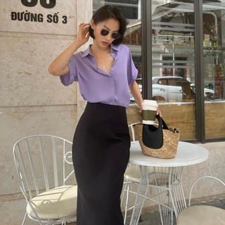 Áo sơ mi nữ tay liền lụa ý THEKAT.SHOP chất liệu ít nhăn, thoáng mát