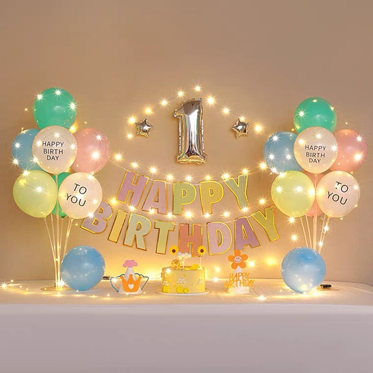 Set trang Trí Sinh Nhật Đơn Giản Giá Rẻ Kèm 2 Trụ Bóng 7 Nhánh Giả Bóng Bay Tặng Kèm Đèn Led Băng Dính Dán Bóng CB40