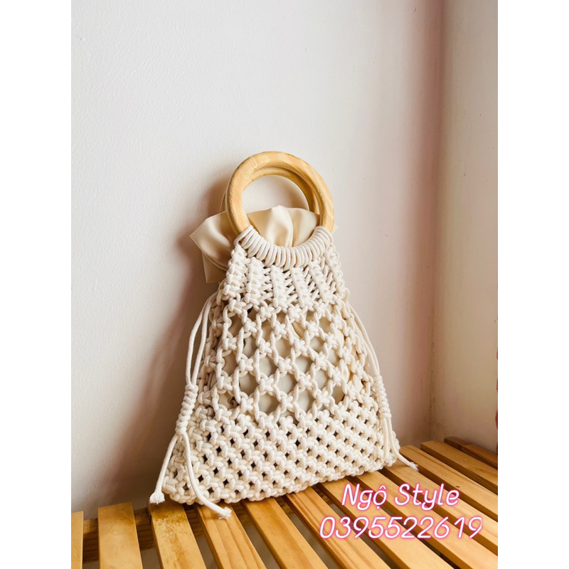 Túi Xách Nữ Macrame, Túi xách Đan Thủ Công Handmade, Túi Đeo Vai, Túi Xách Quai Gỗ