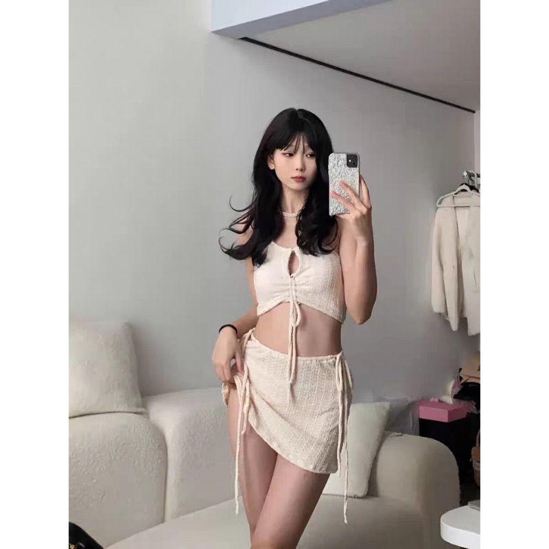 SÉT BIKINI 3 MÓN MÀU BE - ĐEN SIÊU XINH