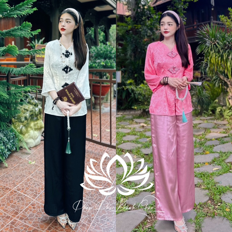 SET BỘ GẤM BÀ BA, SET ÁO GẤM ĐI CHÙA, PHÁP PHỤC MẶC ĐI LỄ CHÙA SANG TRỌNG VỚI 2 MÀU HỒNG, TRẮNG