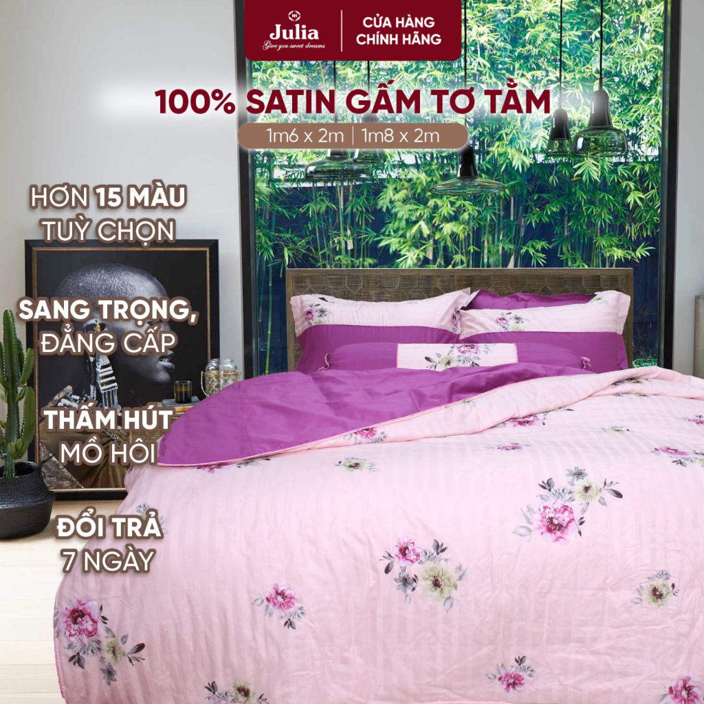 Bộ chăn ga gối ra giường satin gấm tơ tằm màu hồng phối hoa Hàn Quốc Julia 760