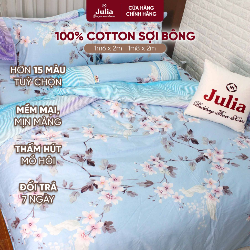 Bộ chăn ga gối drap giường 100% cotton sợi bông màu xanh phối hoa Hàn Quốc Julia 254